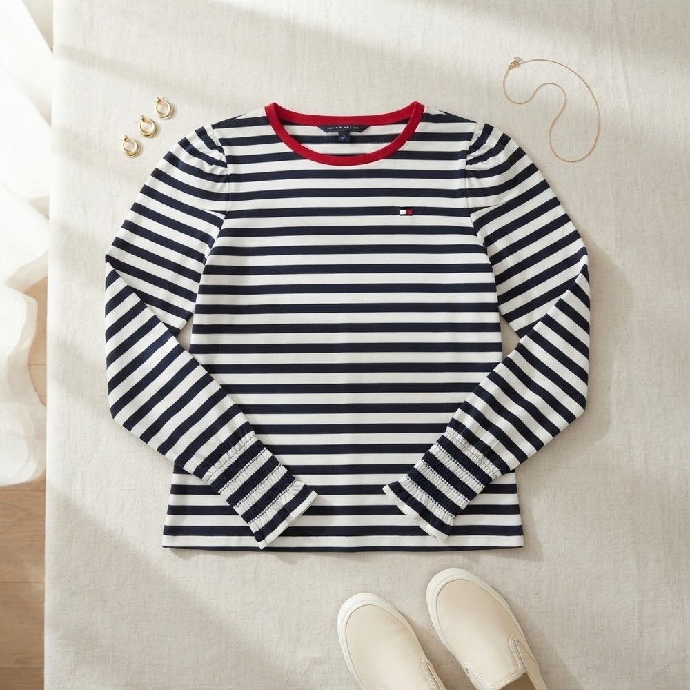 Tommy Hilfiger Striped Top Womens XS Navy White Red Smocked Cuff Nautical Preppy